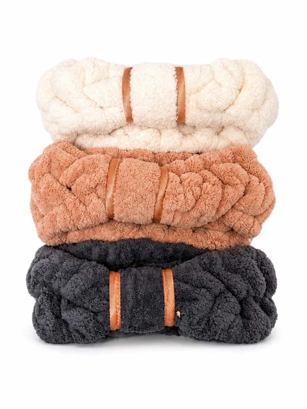 NEW 3-Piece Ultra Plush Spa Headband Set | Makeup & Skincare | Cream, Peach & Gr - Picture 2 of 3